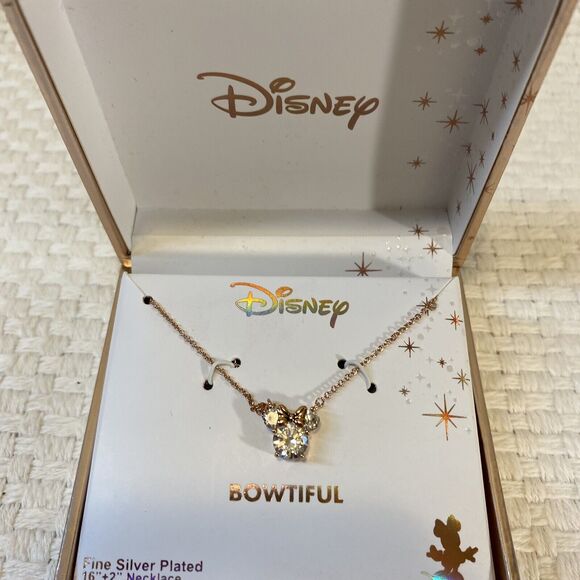 Disney Minnie Mouse Bowtiful Rose Gold Necklace Fine Silver Plated 16” - Picture 1 of 5